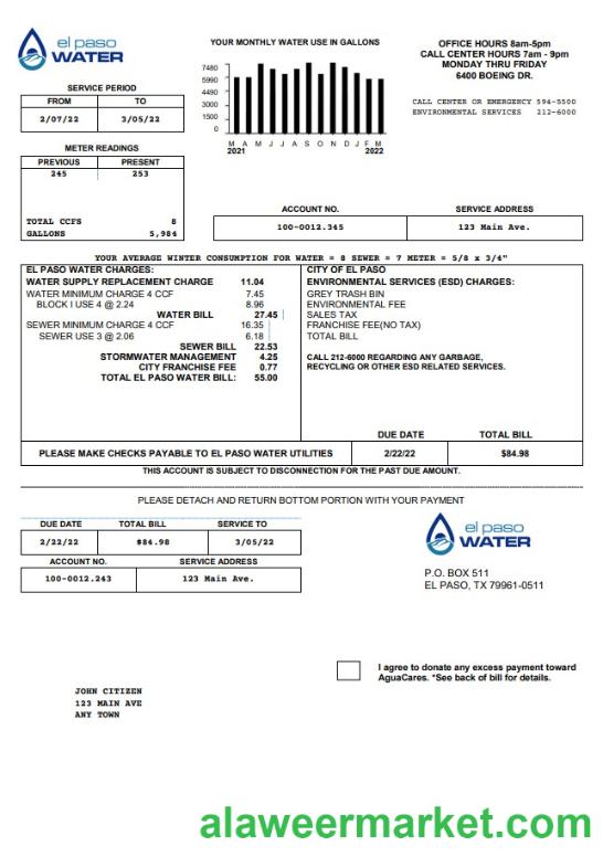 USA Texas El Paso Water utility bill template in Word and PDF format